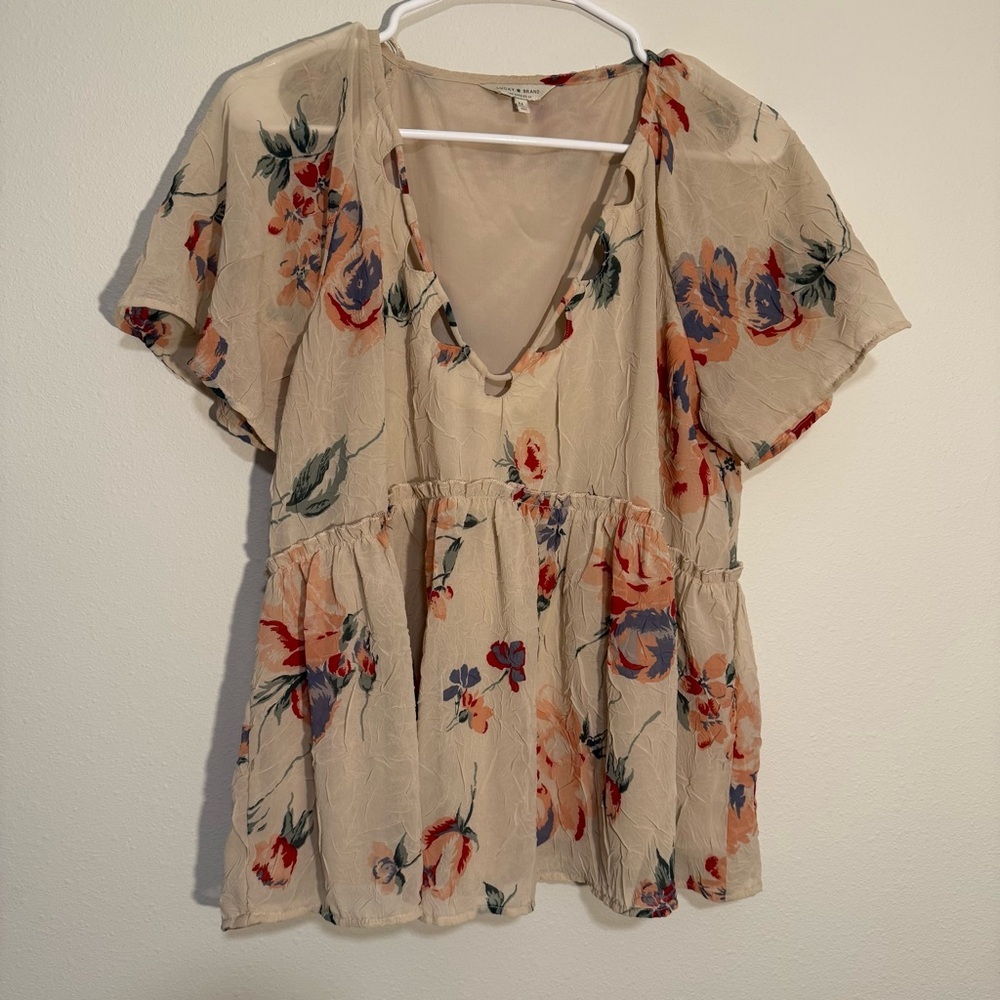 Lucky Brand Tan Floral Shirt Blouse With Cut Outs V Neckline Flowy